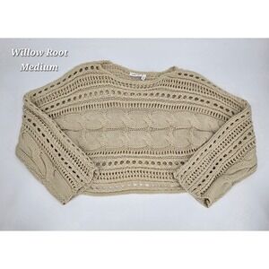 Willow + Root Cable Knit Sweater Medium Beige Open Knit Boho Coastal Cropped